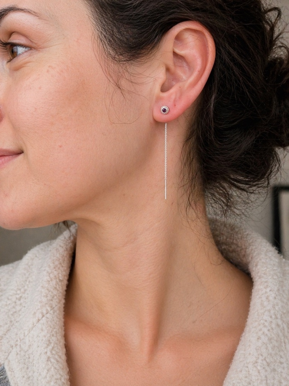 Silver Threader Earrings with Gemstone Stud – Modern Minimal Drop Earrings